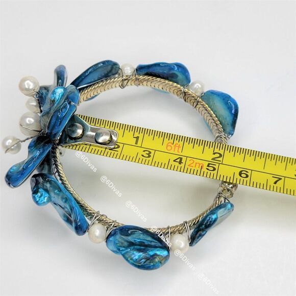 BLUE Sea Shell and Pearl Adjustable Cuff Bracelet - Picture 5 of 9